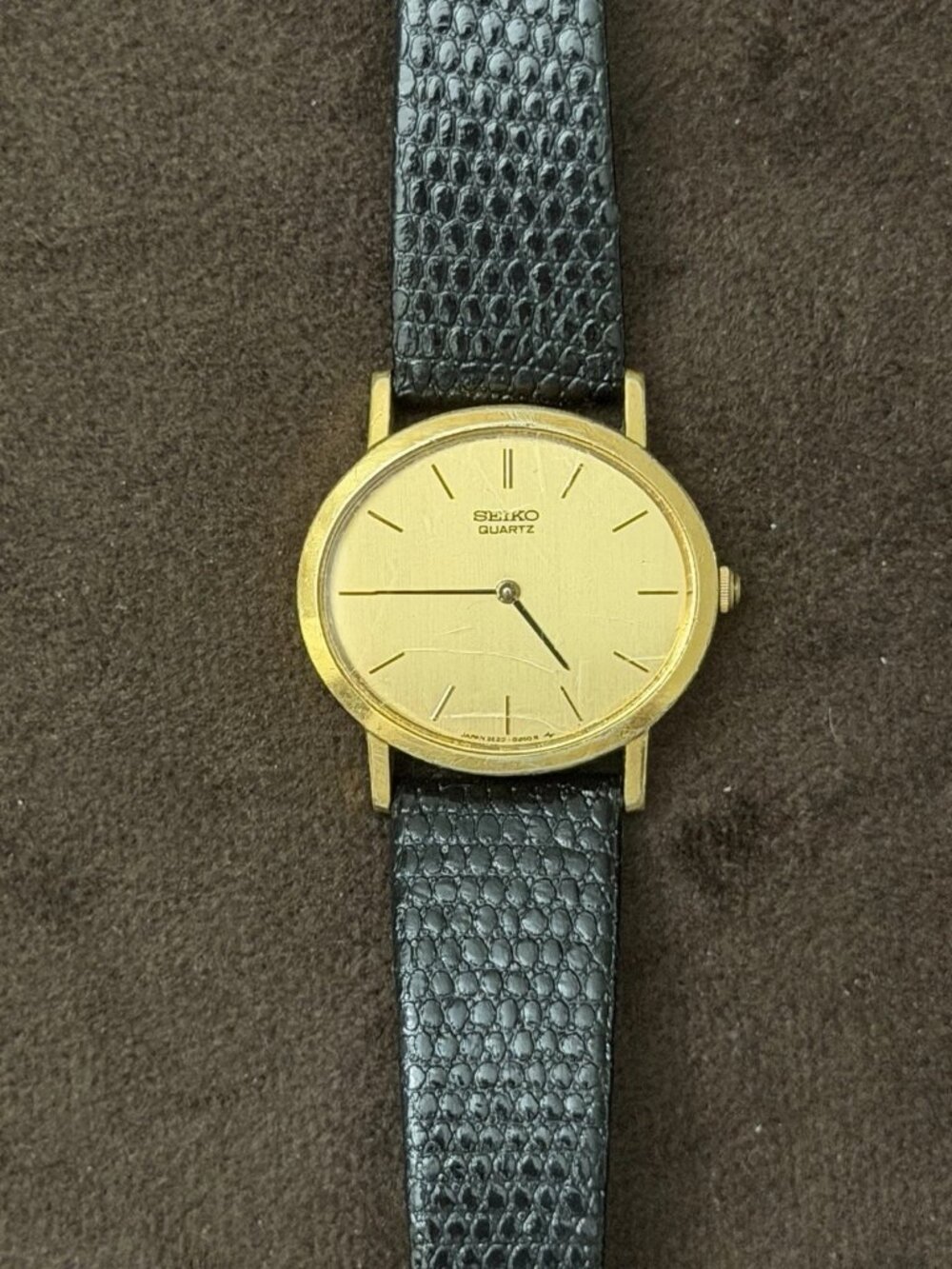 Seiko Quartz Analog Watch Gold Tone Case Gold Dial Black Leather Strap 18mm